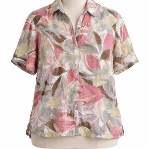 Tahari 100% Linen Floral Blouse Size 1X Lightweight Button Front Top
